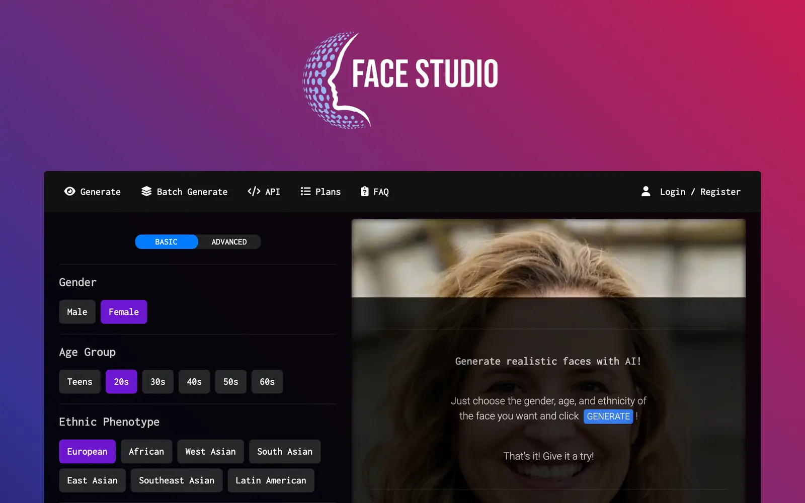 Screenshot of the Face Studio website
