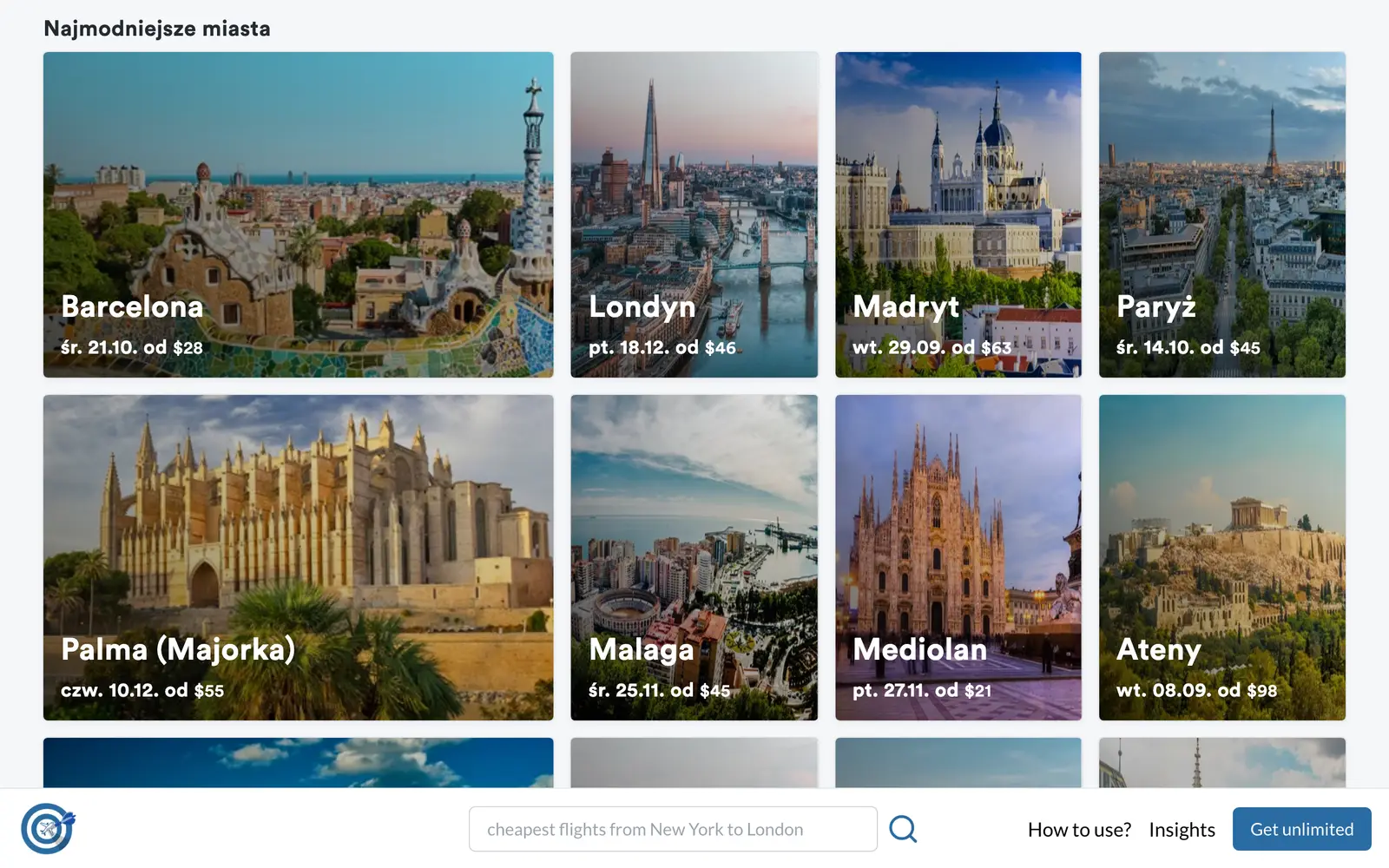 Screenshot of the fin.flights website