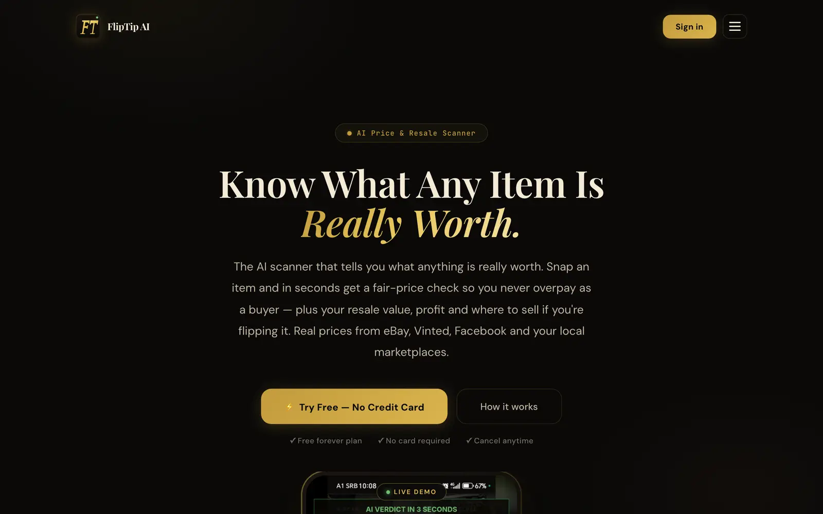 Screenshot of the FlipTip AI website