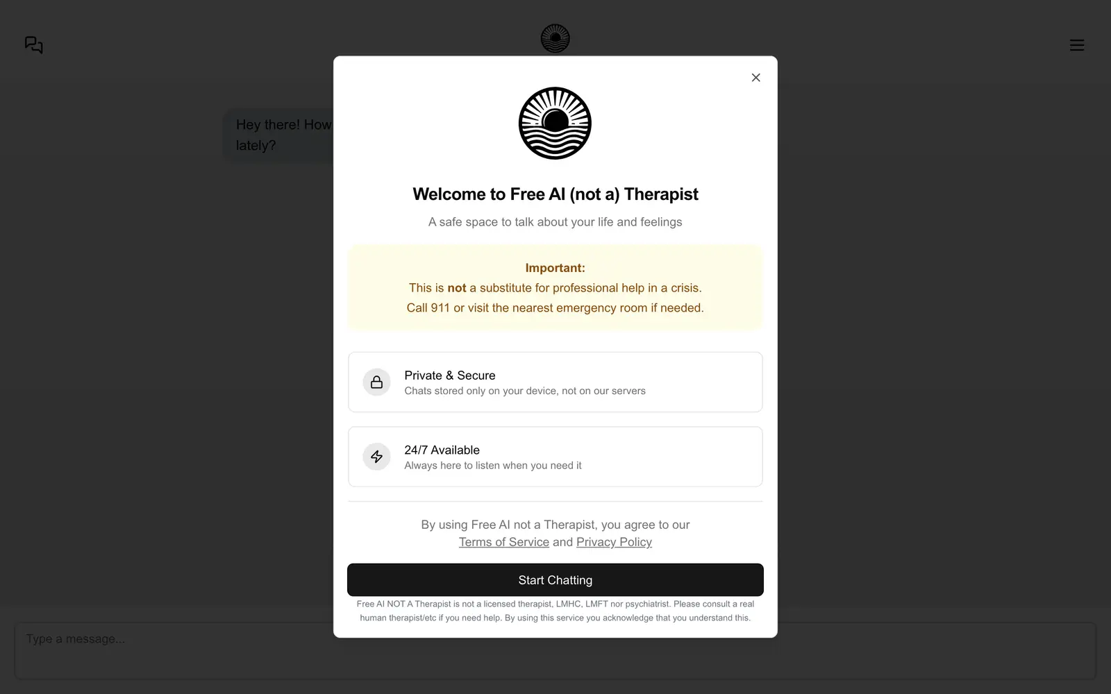 Screenshot of the Free AI (not a) Therapist website