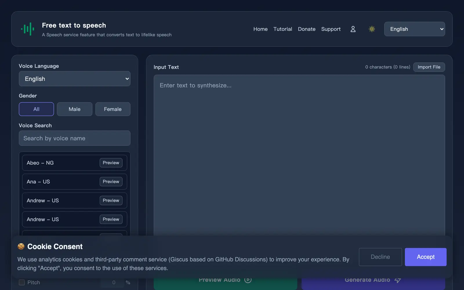 Screenshot of the Free Text-To-Speech website