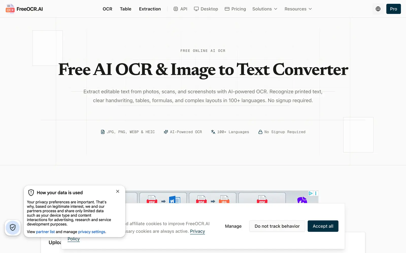 Screenshot of the FreeOCR.AI website