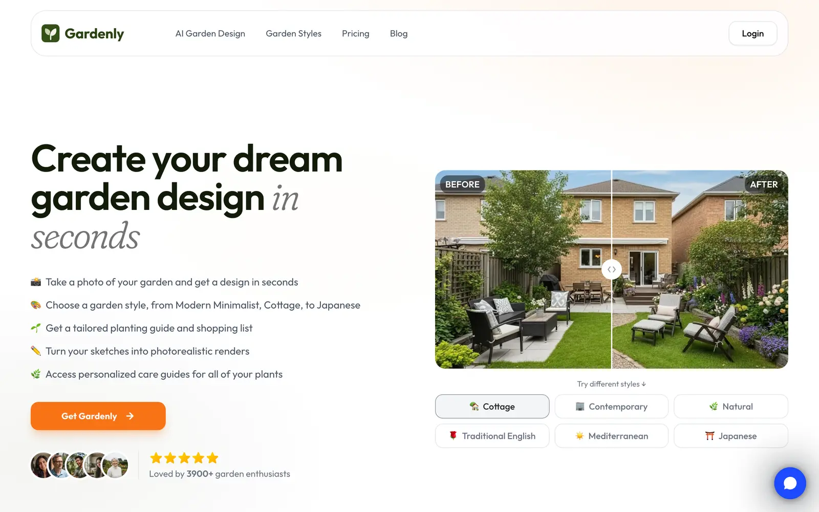 Screenshot of the Gardenly website