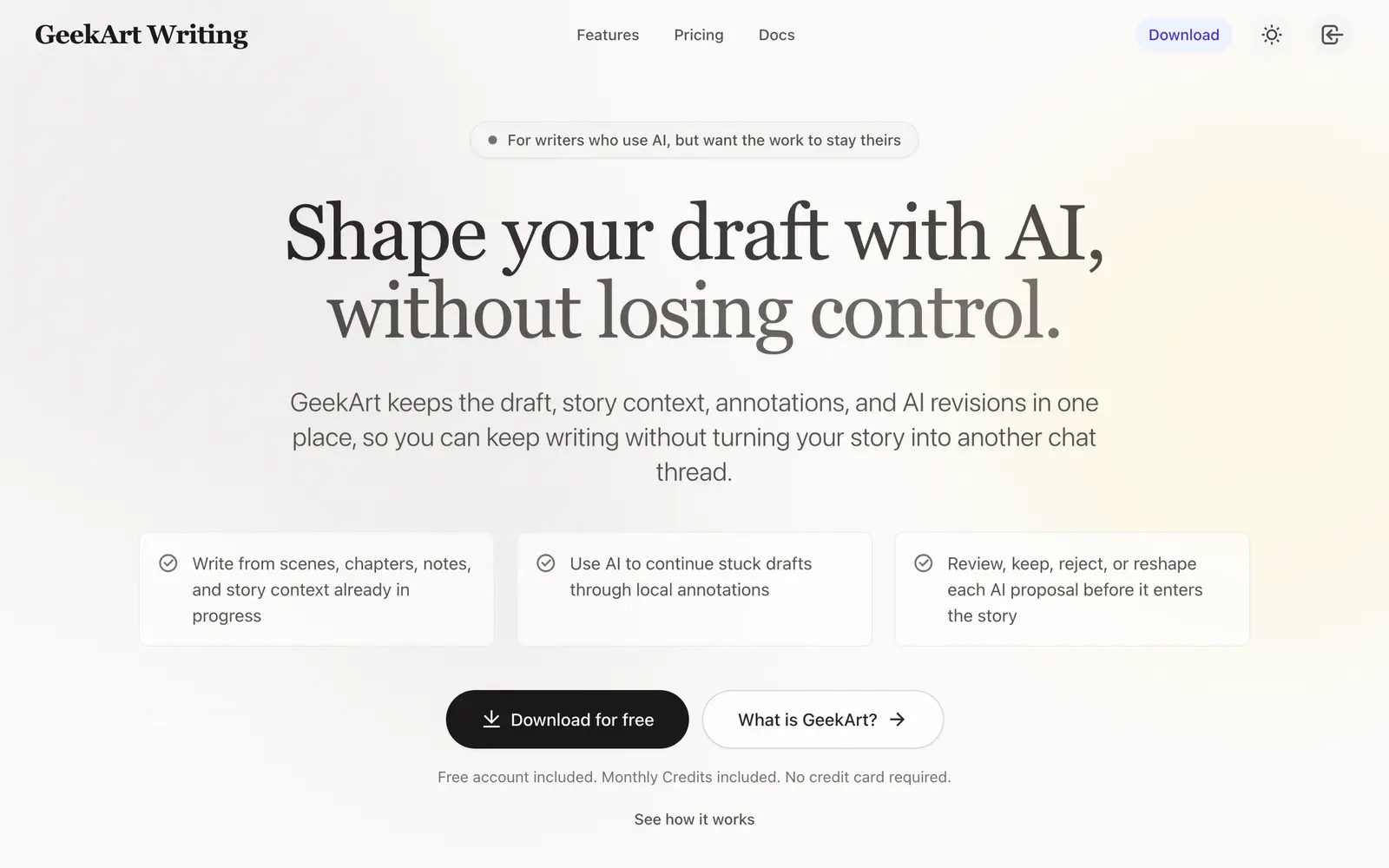 Screenshot of the GeekArt Writing website