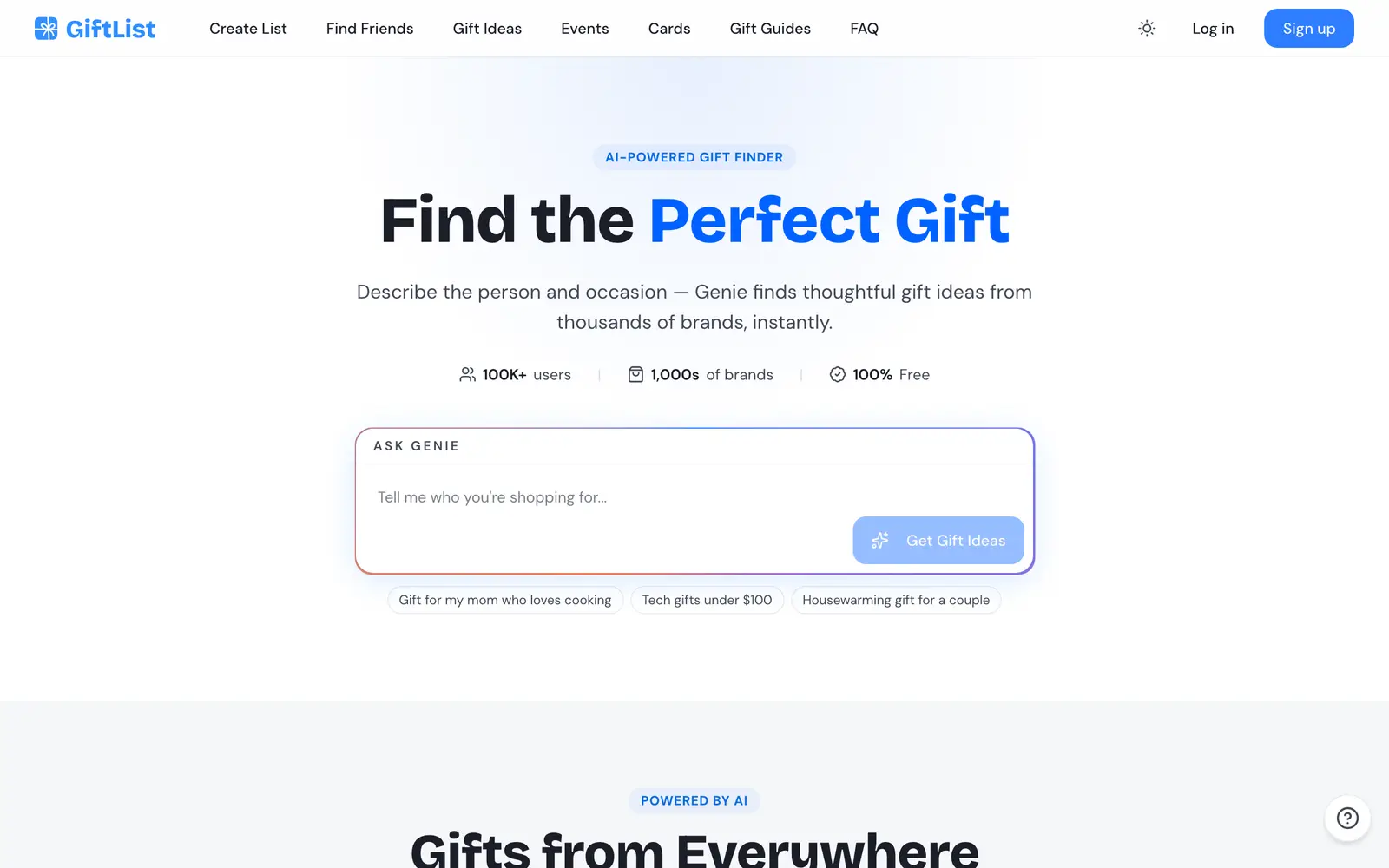 Screenshot of the GiftList Genie website