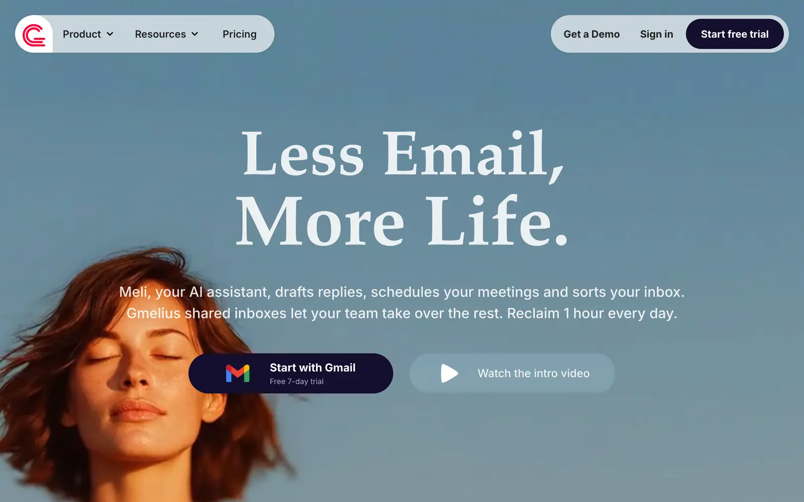 Screenshot of the Gmelius Meli AI website