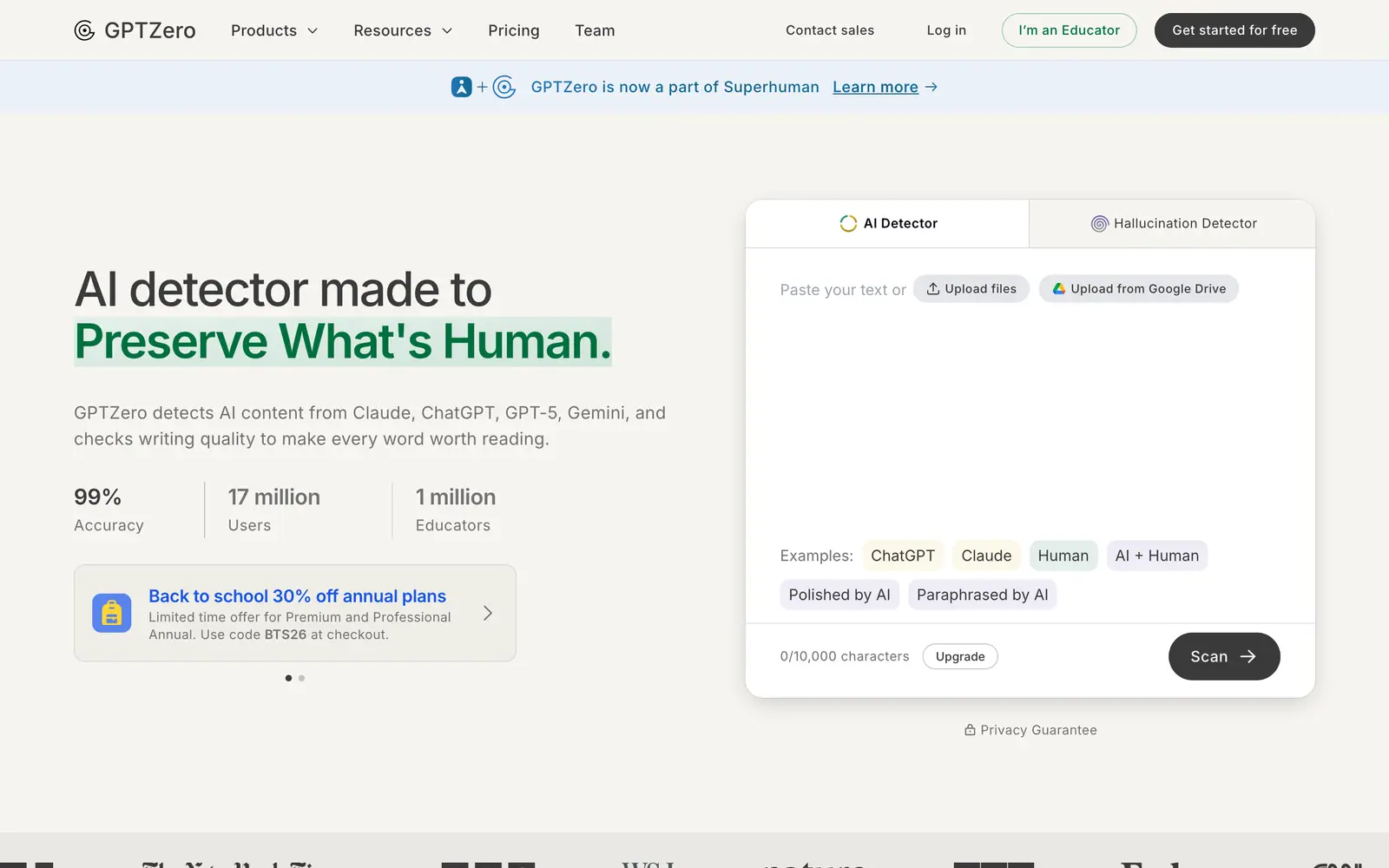 Screenshot of the GPTZero website
