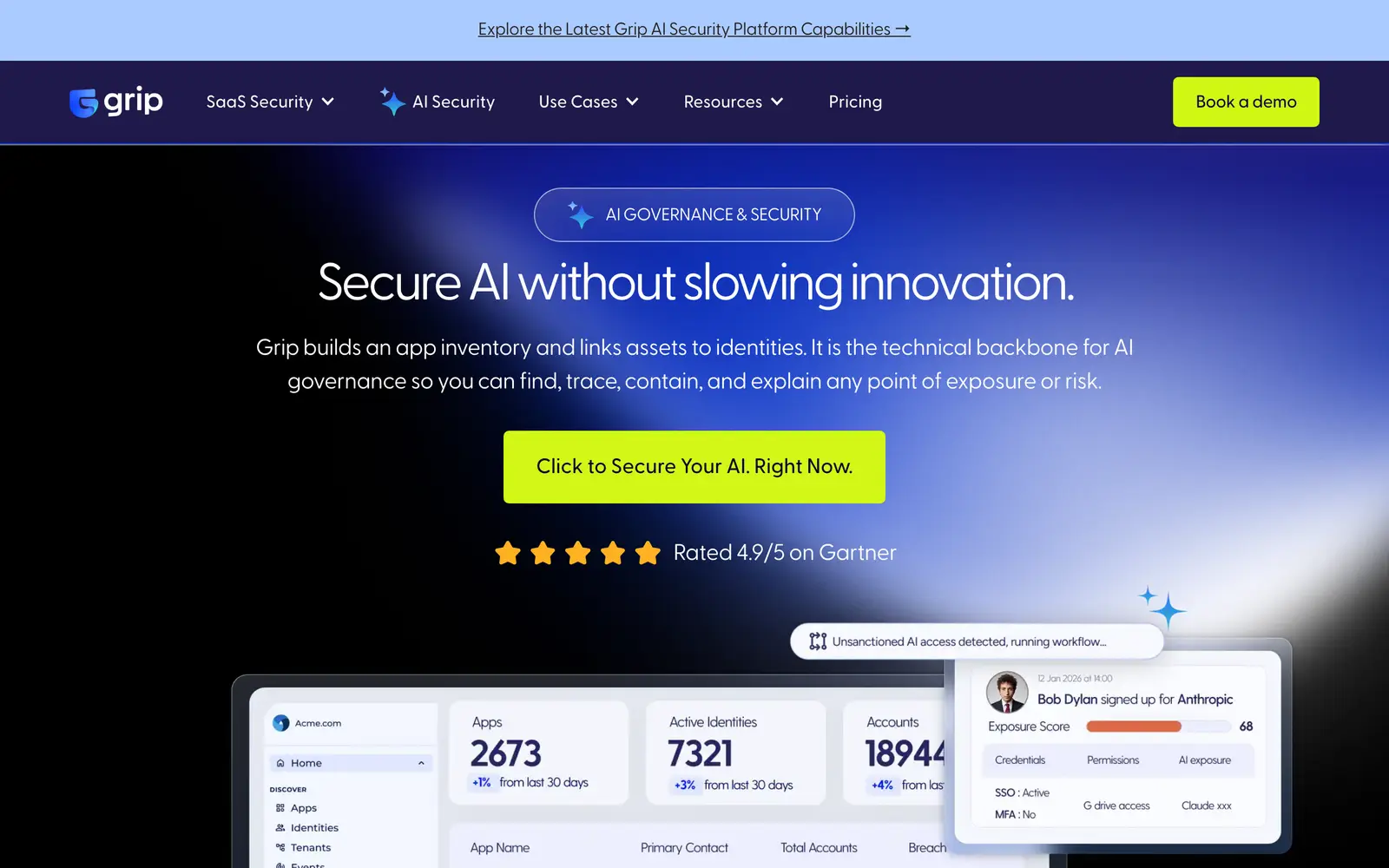Screenshot of the Grip Security website