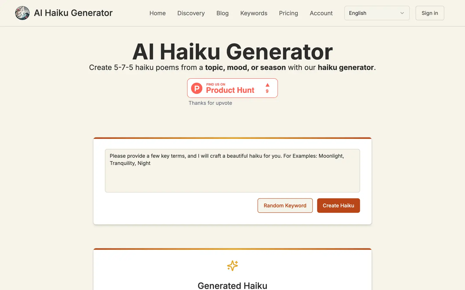 Screenshot of the Haiku Generator website