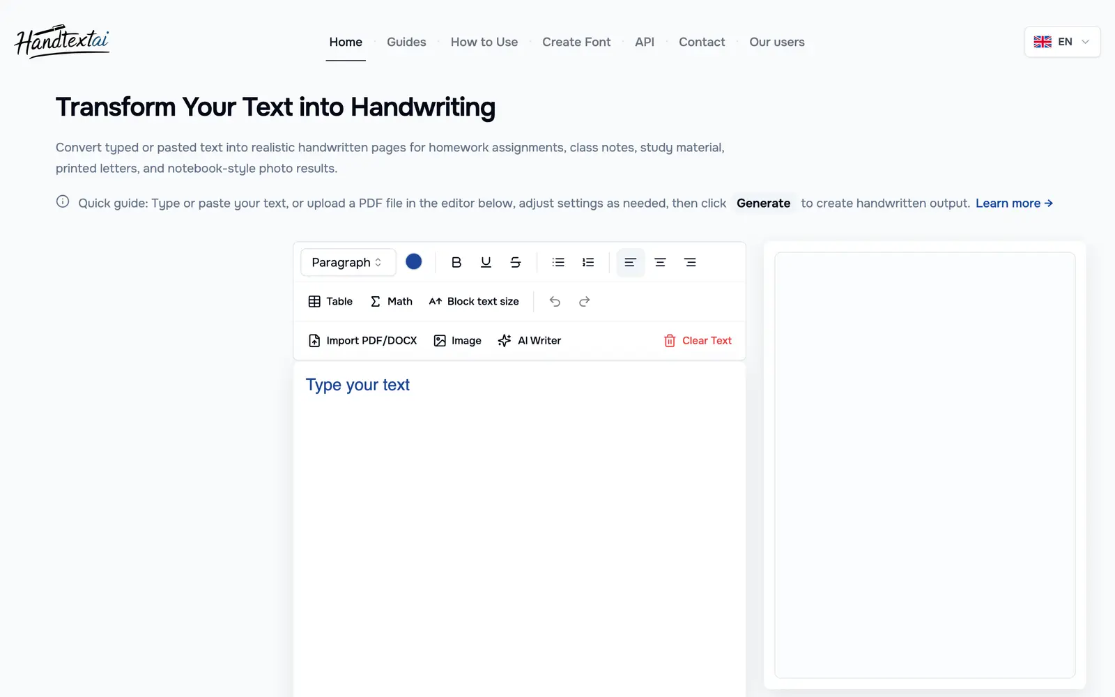 Screenshot of the HandtextAI website