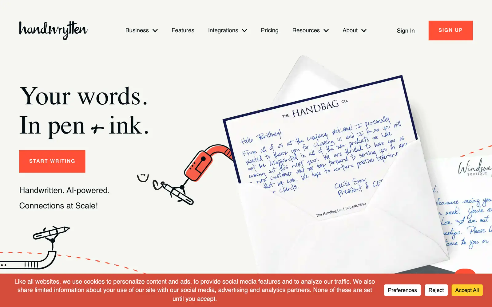 Screenshot of the Handwrytten website