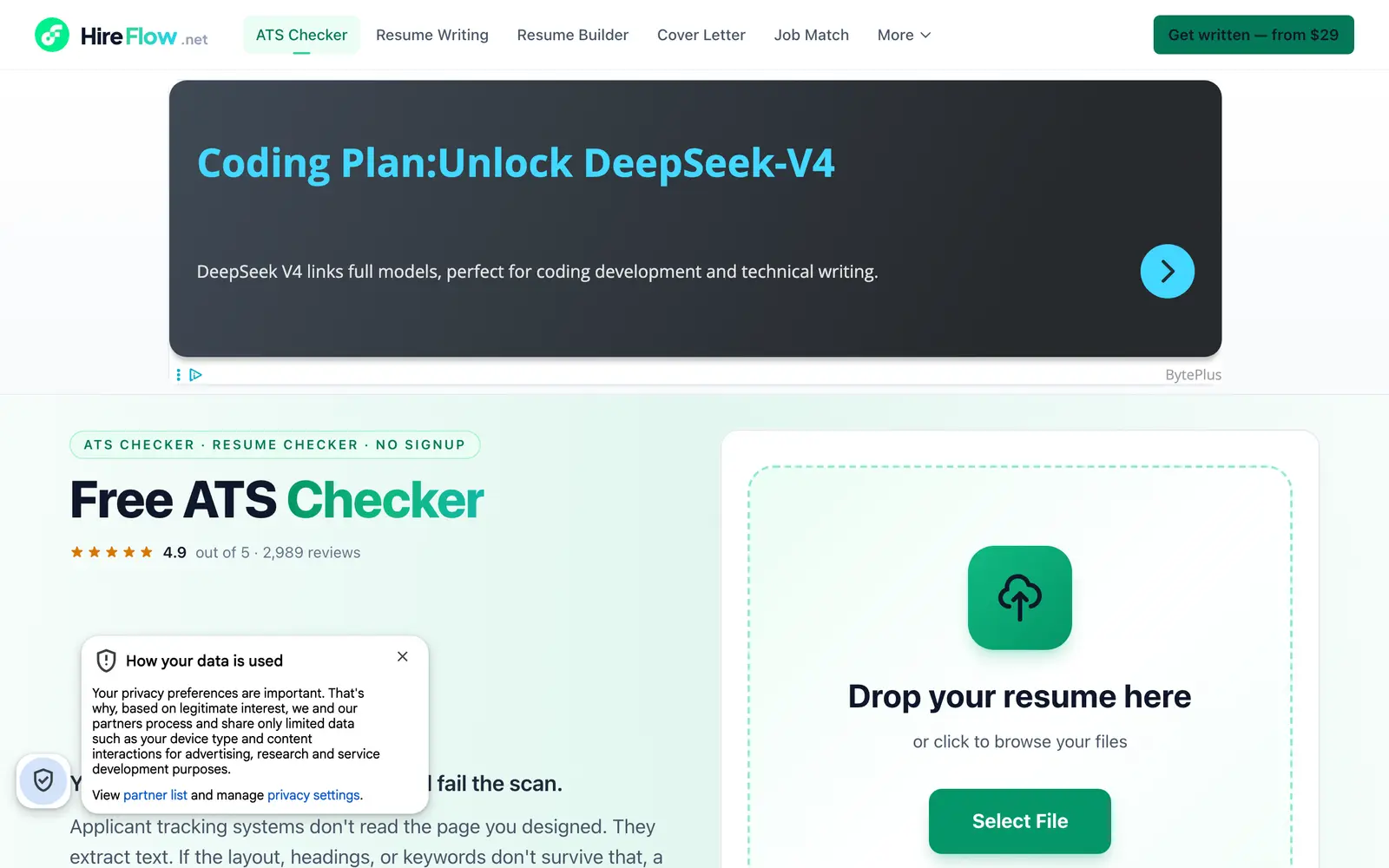 Screenshot of the HireFlow website