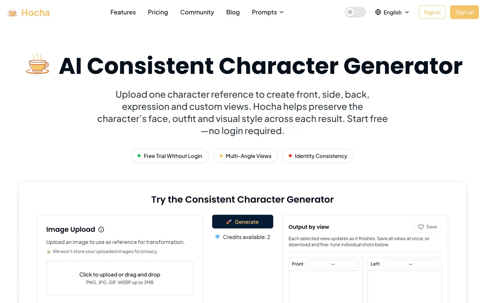 Screenshot of the Hocha AI website