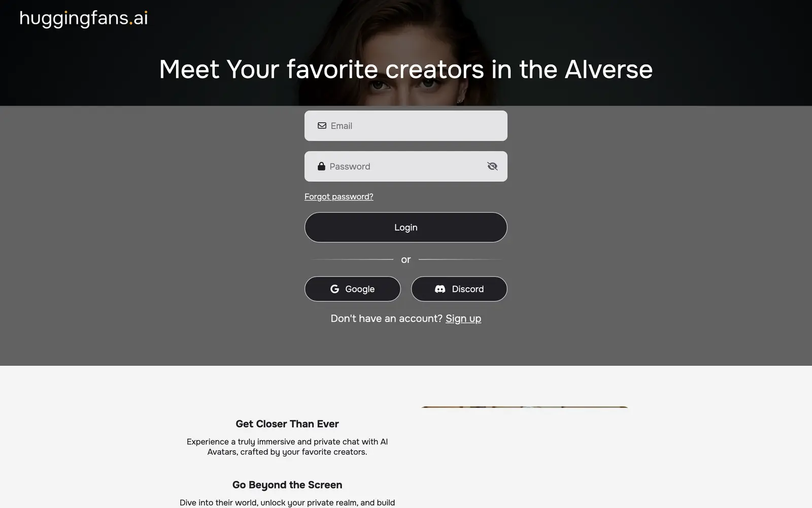 Screenshot of the Huggingfans website
