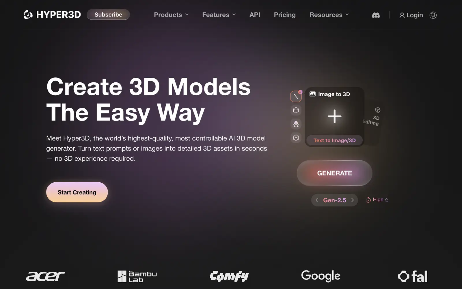 Screenshot of the Hyper3D website