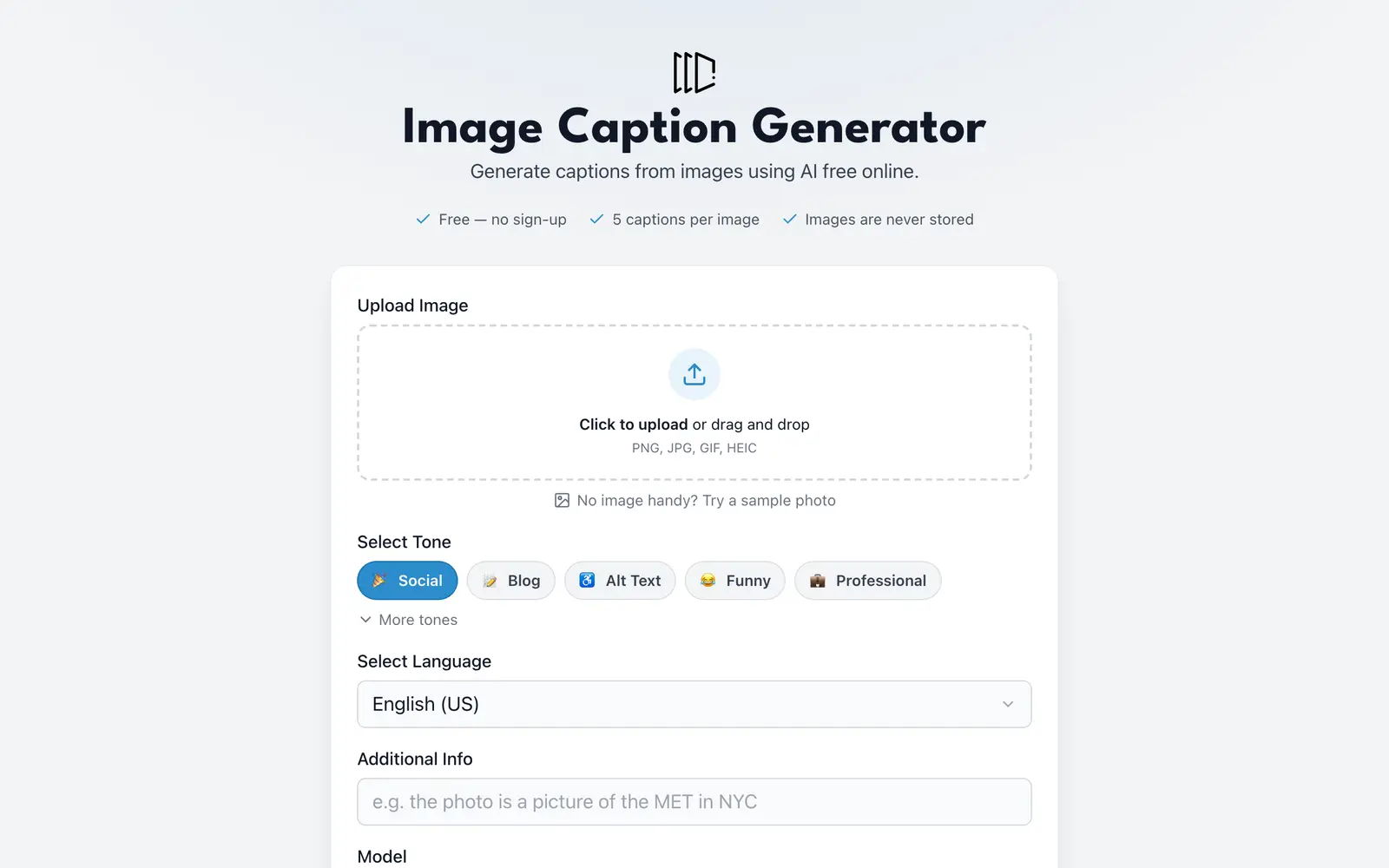 Screenshot of the Image Caption Generator website