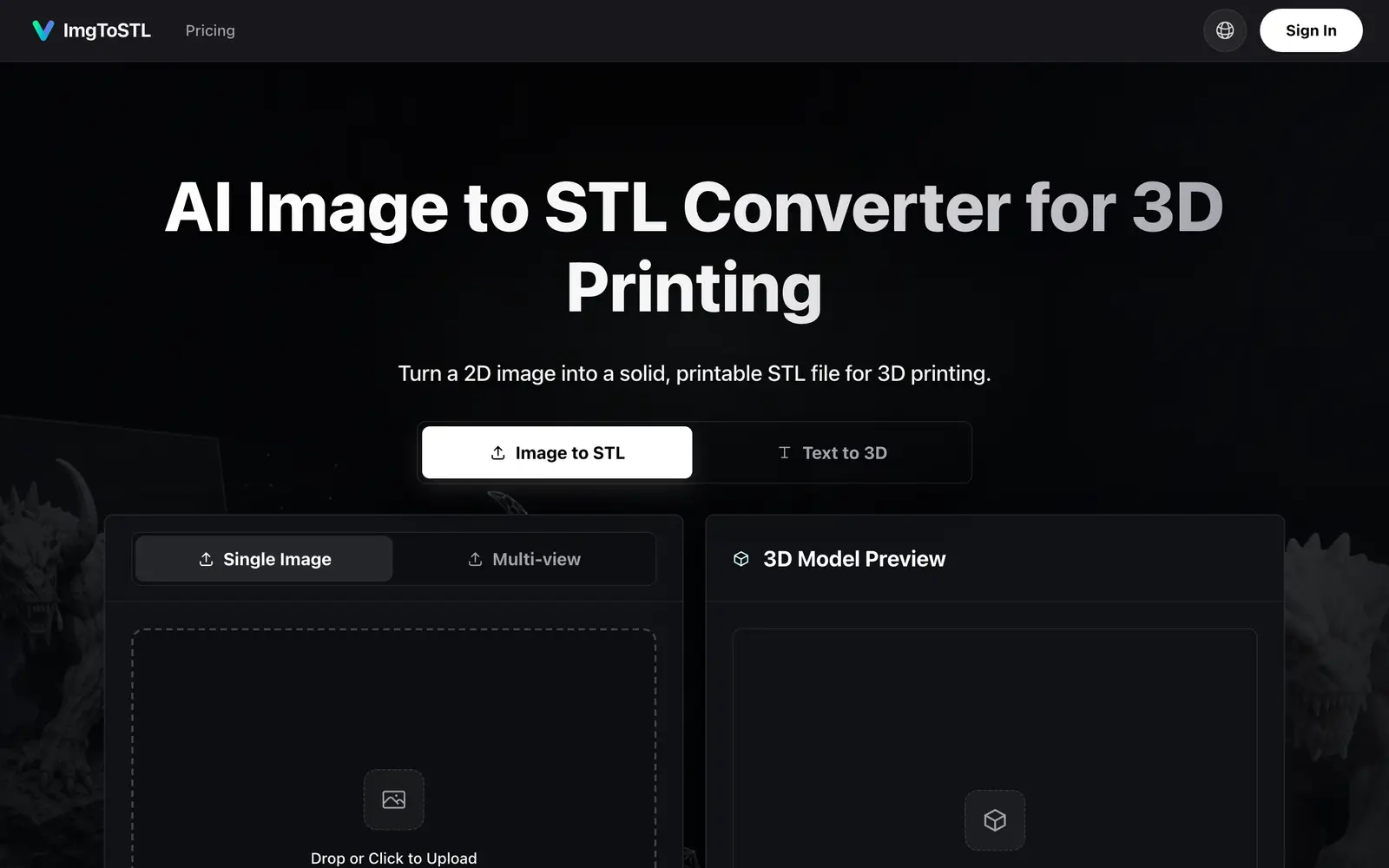 Screenshot of the ImgToSTL website