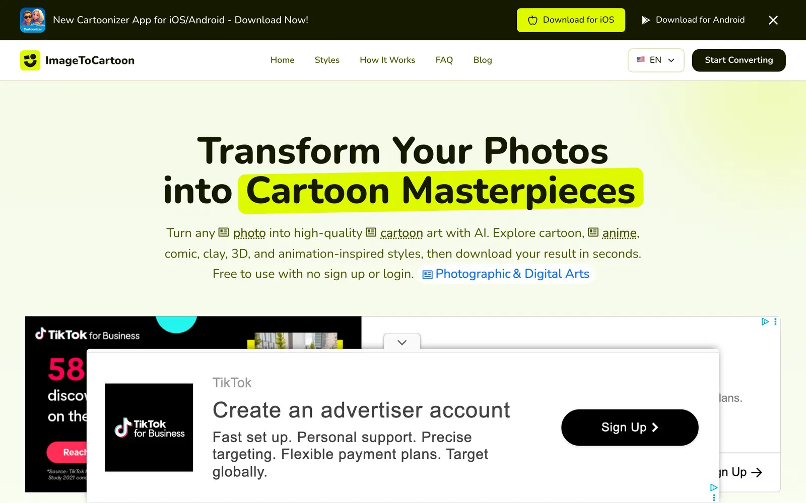 Screenshot of the ImageToCartoon website