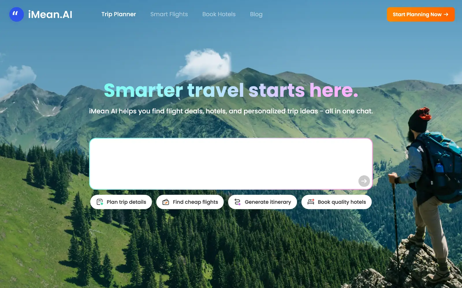 Screenshot of the iMean AI Trip Planner website