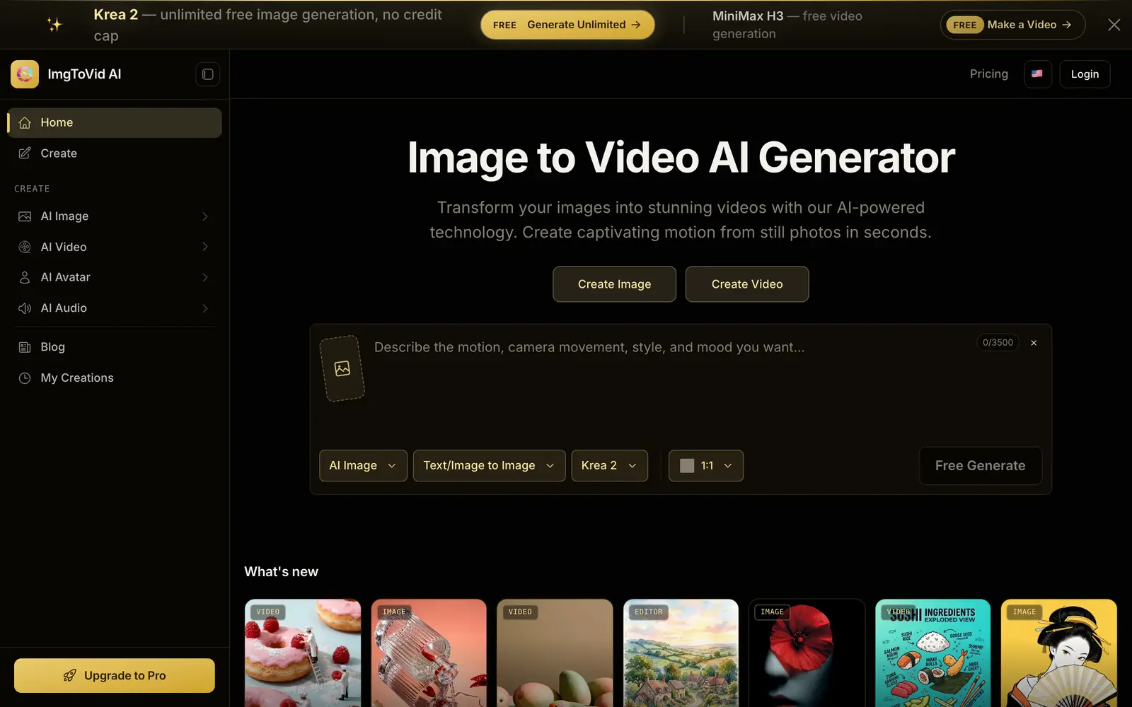 Screenshot of the ImgToVid AI website