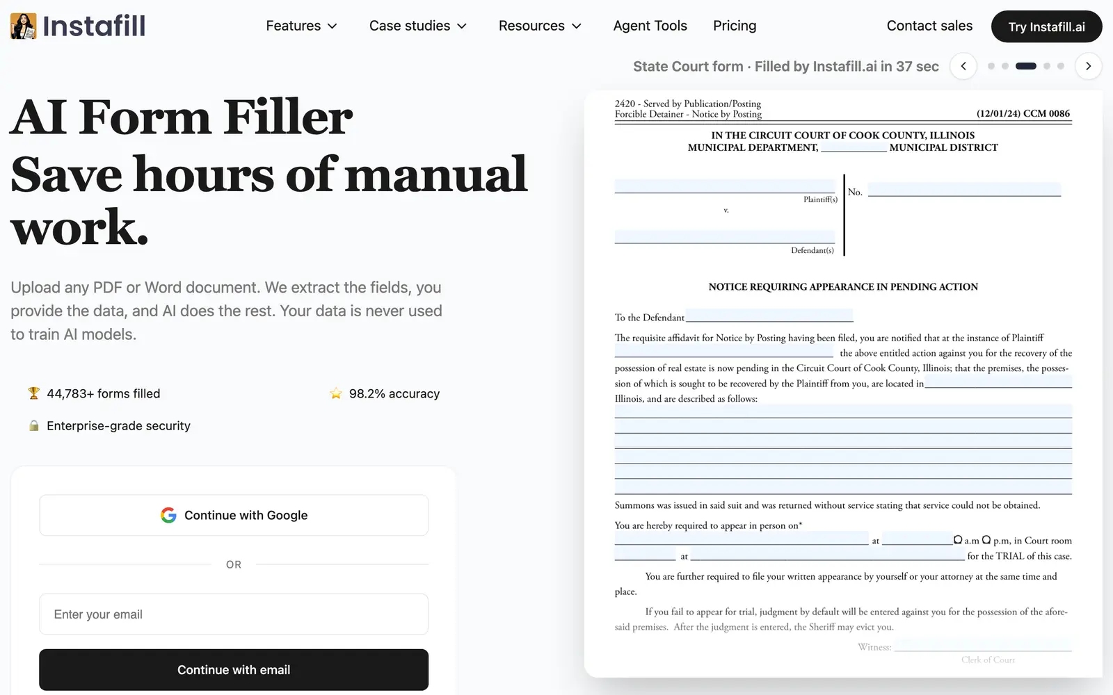 Screenshot of the Instafill website