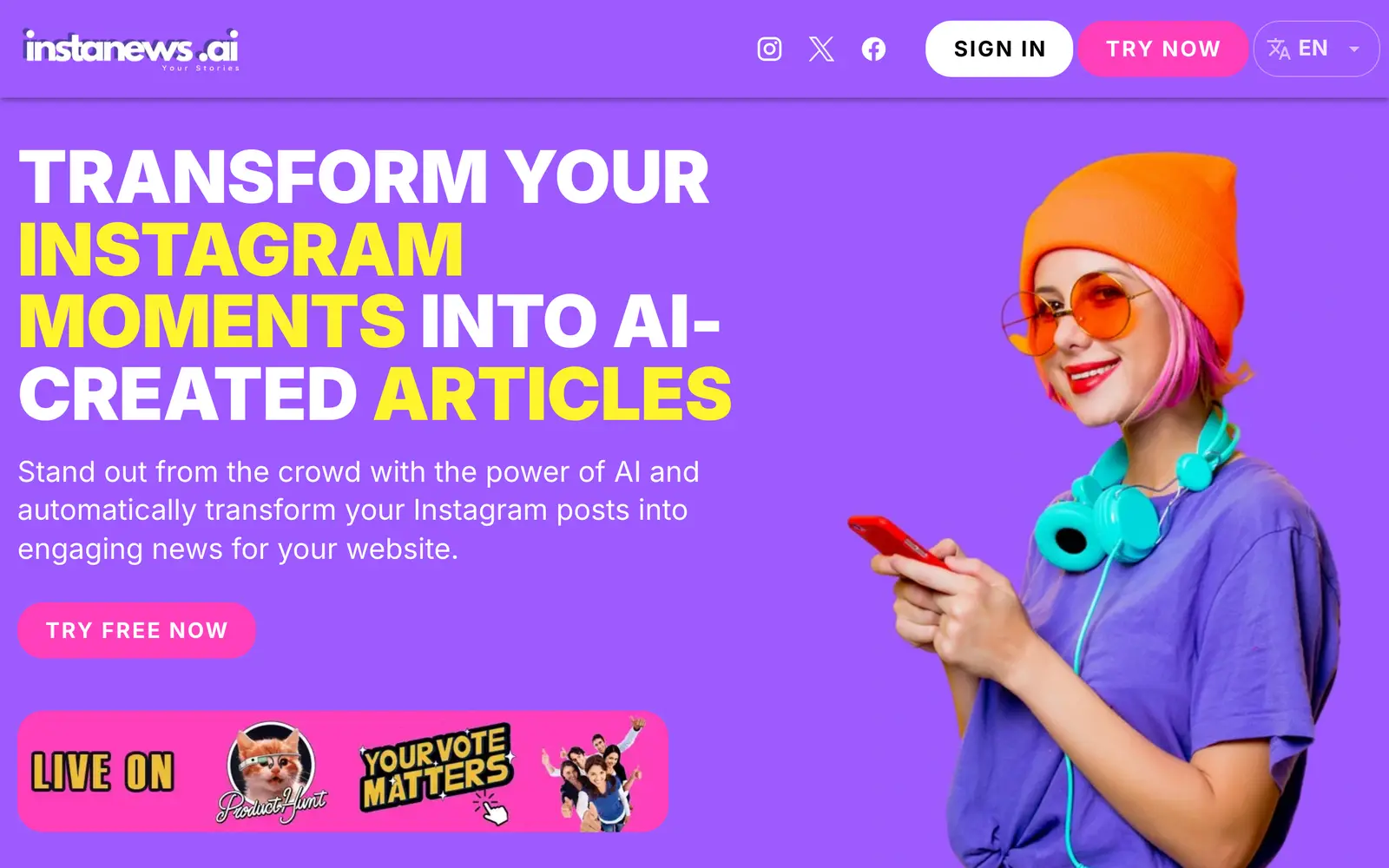 Screenshot of the Instanews website