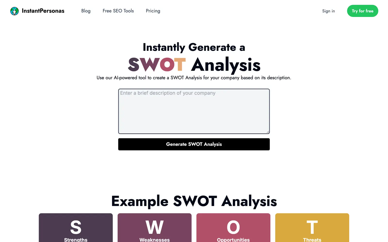Screenshot of the InstantPersonas SWOT Analysis website