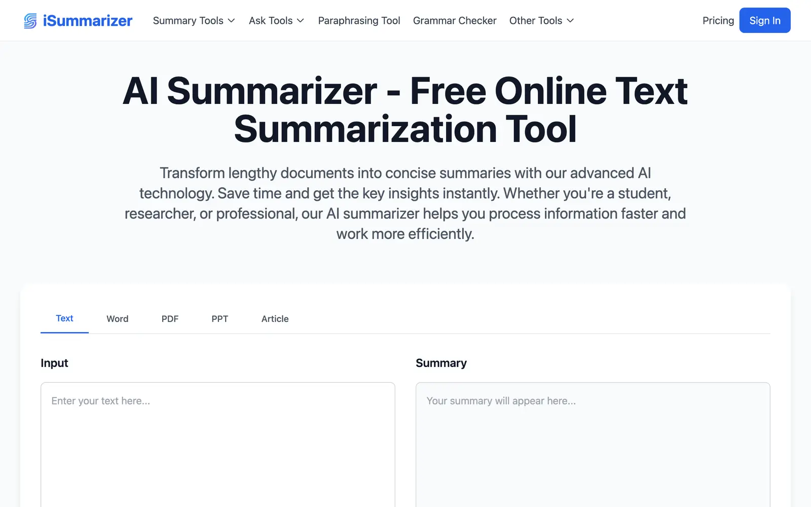 Screenshot of the iSummarizer website