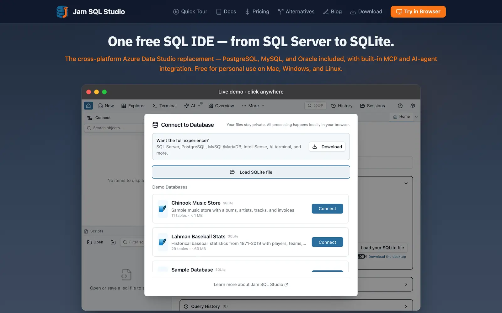 Screenshot of the Jam SQL Studio website