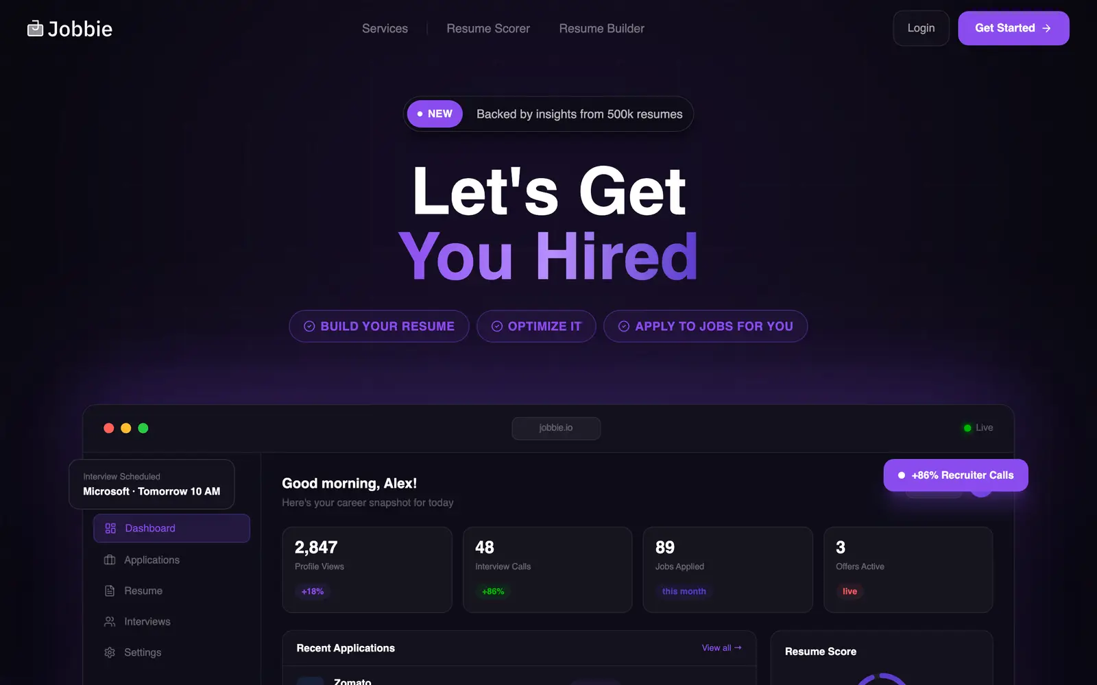Screenshot of the Jobbie website