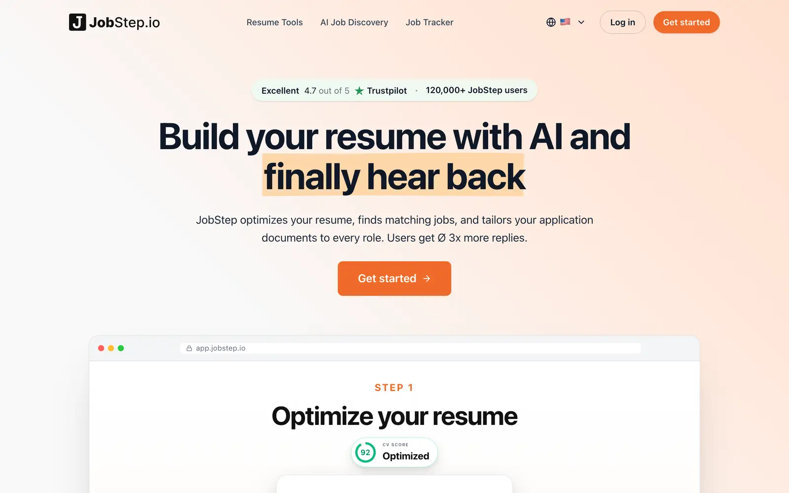 Screenshot of the JobStep.io website