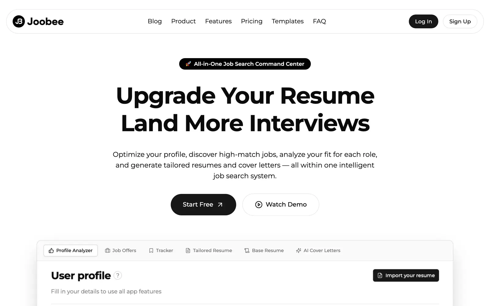 Screenshot of the Joobee website