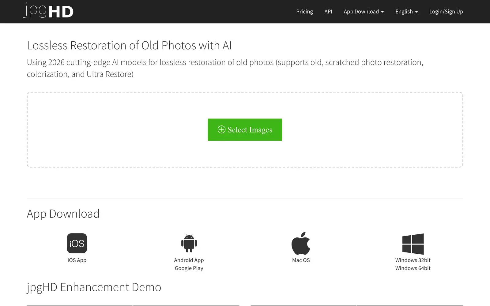 Screenshot of the jpgHD website