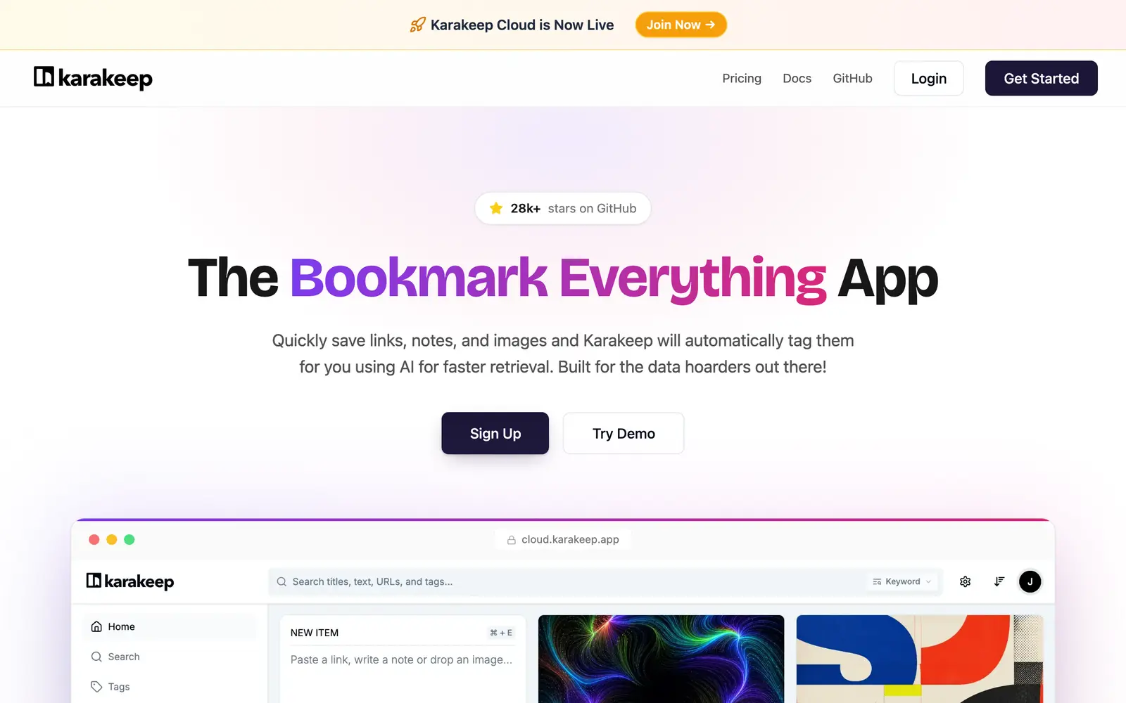 Screenshot of the Karakeep website