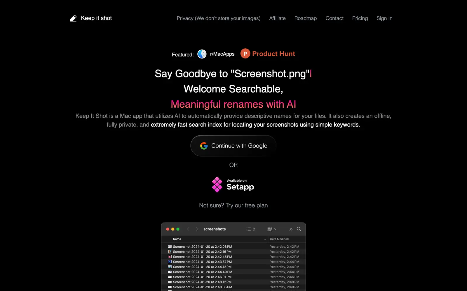Screenshot of the Keep It Shot website
