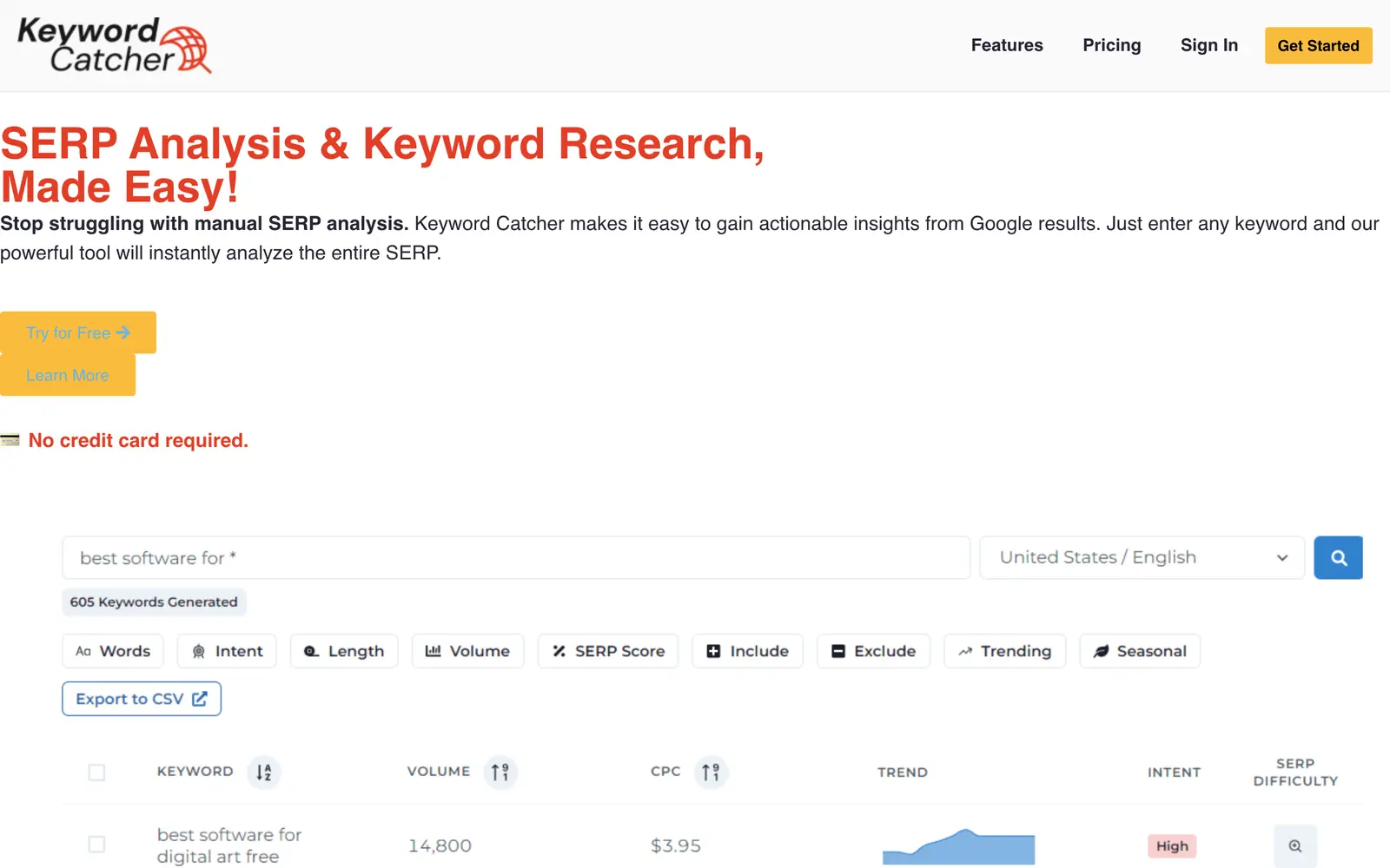 Screenshot of the Keyword Catcher website