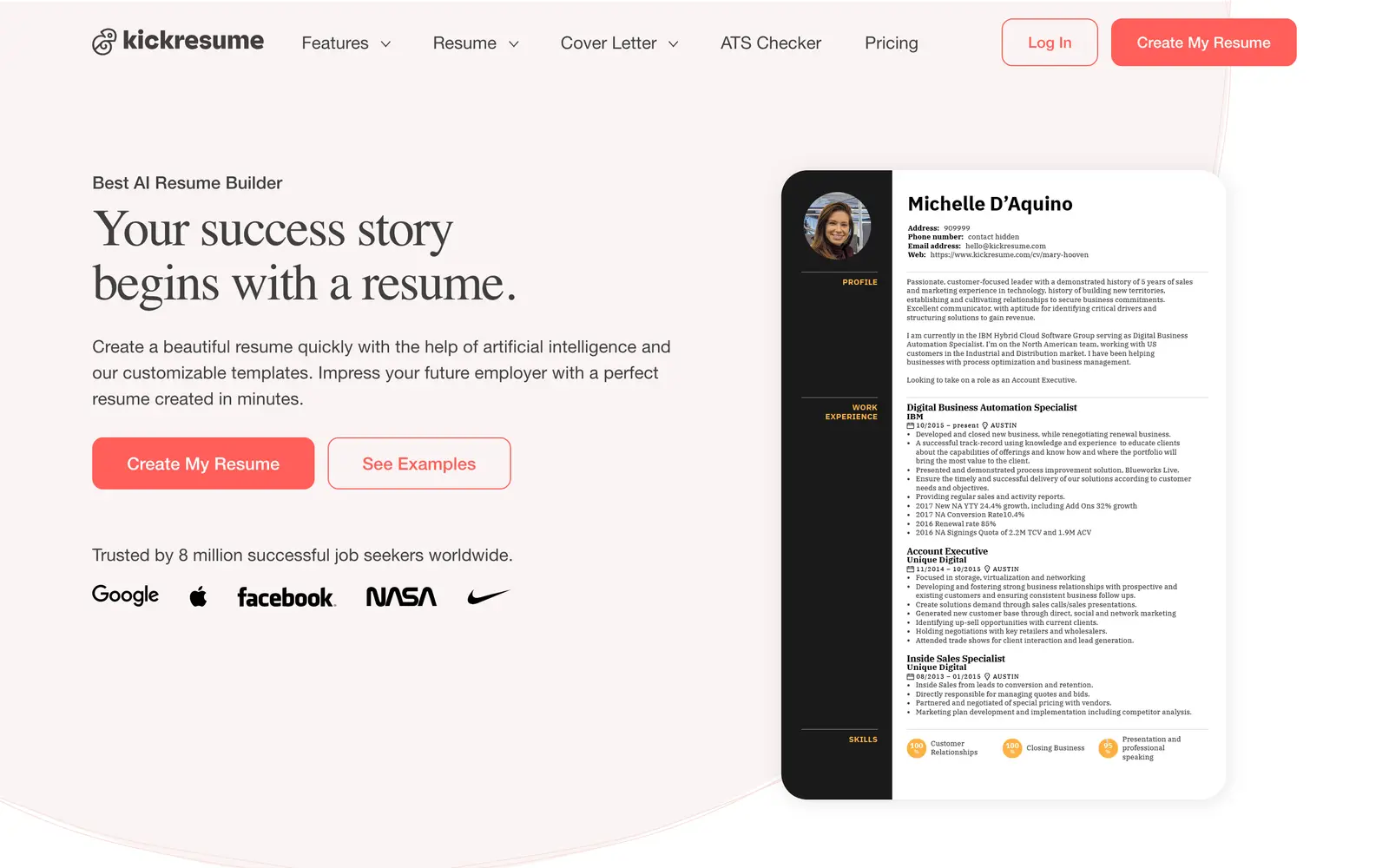 Screenshot of the Kickresume website