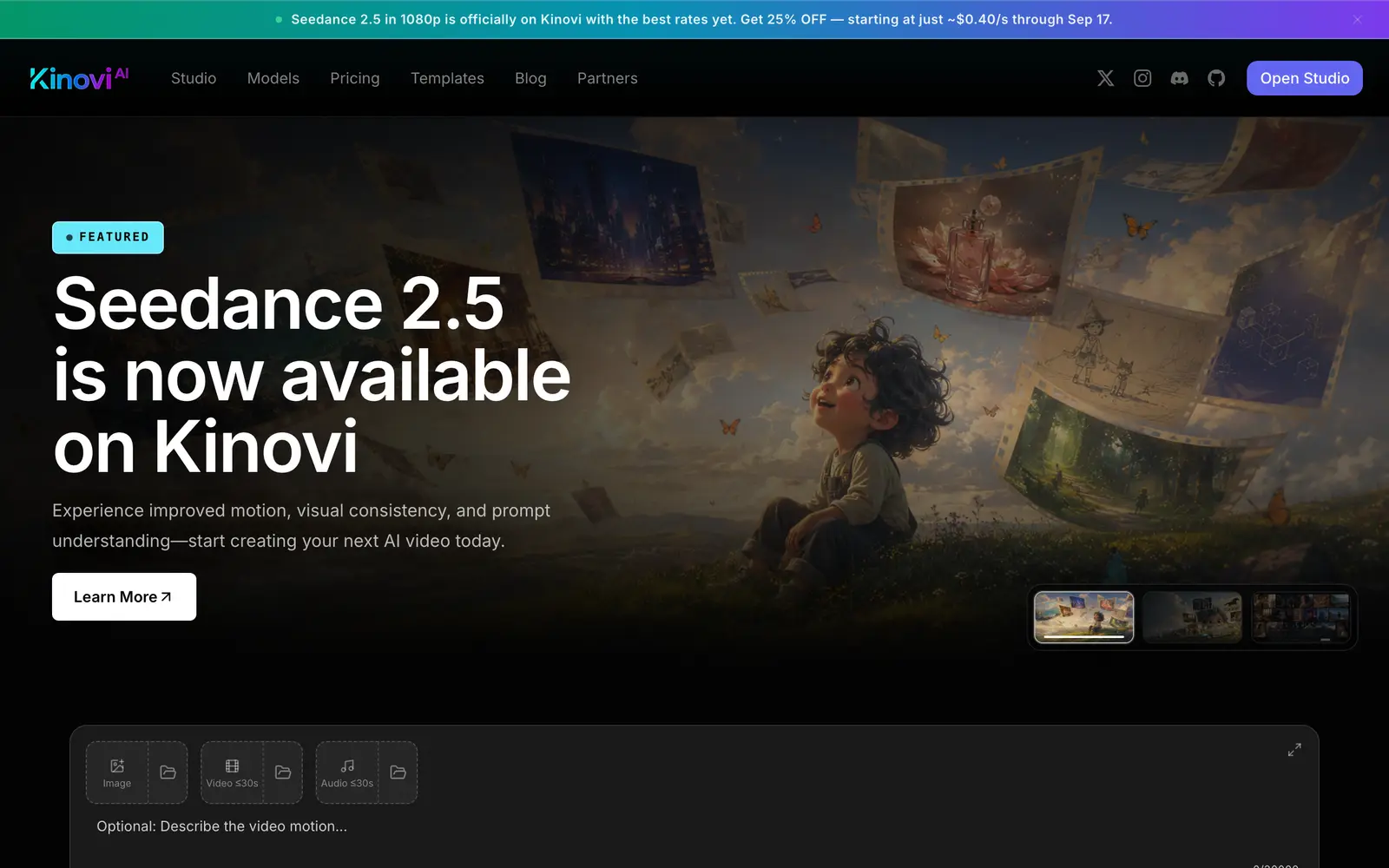 Screenshot of the Kinovi website