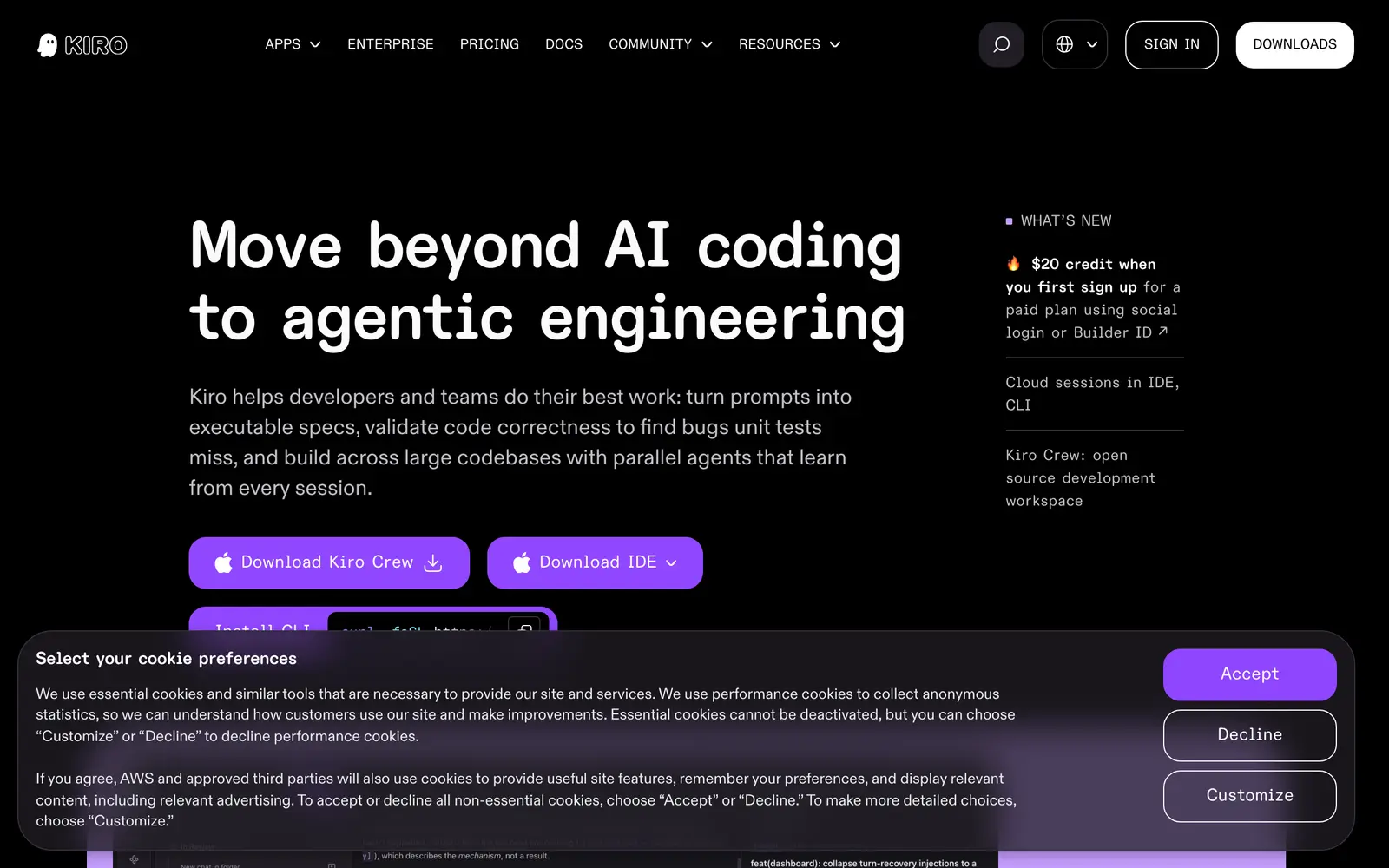 Screenshot of the Kiro website