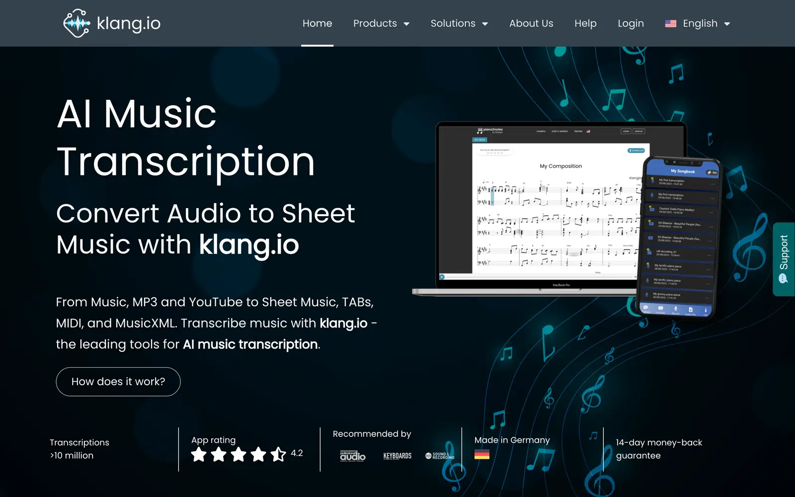 Screenshot of the Klangio website