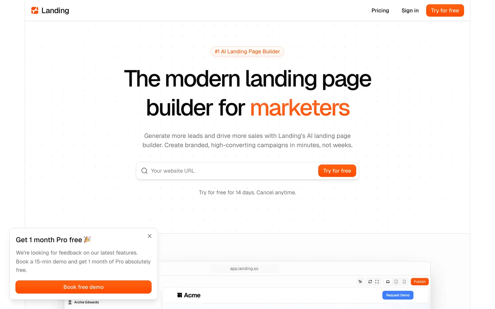 Screenshot of the Landing.so website
