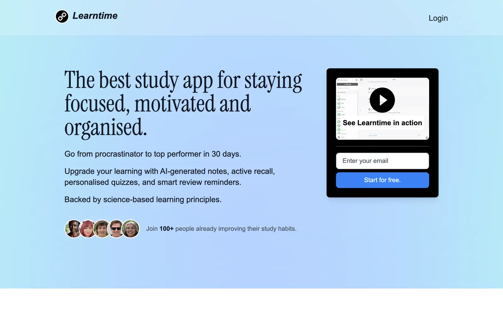 Screenshot of the Learntime website