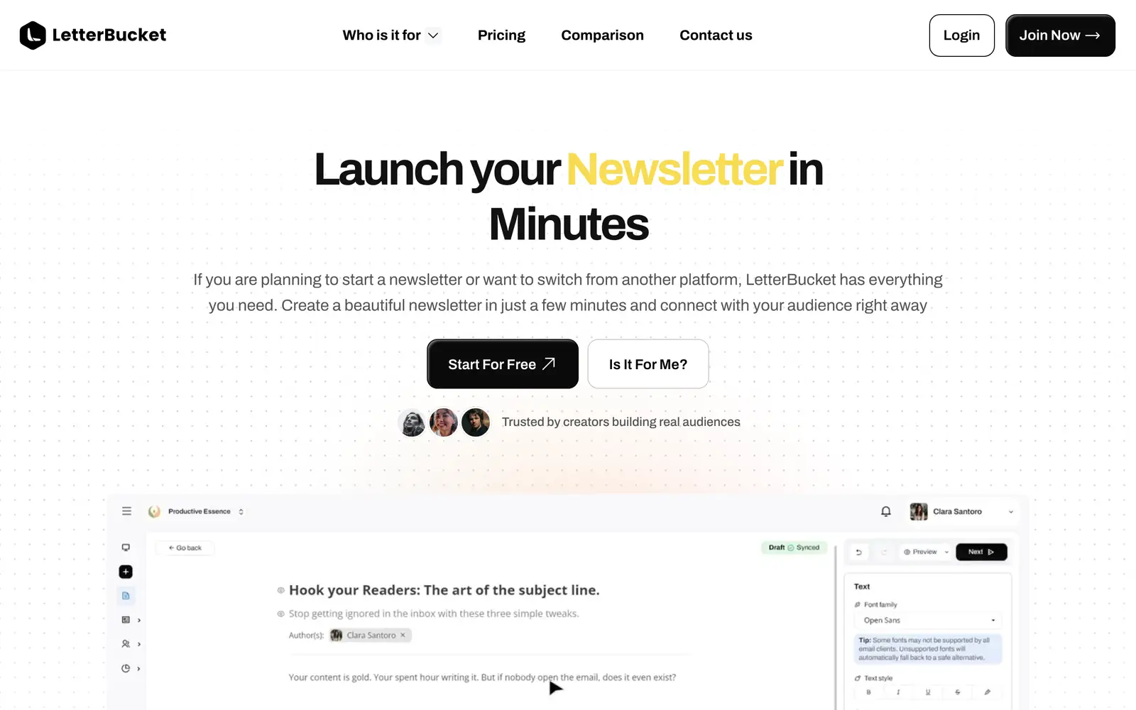 Screenshot of the LetterBucket website