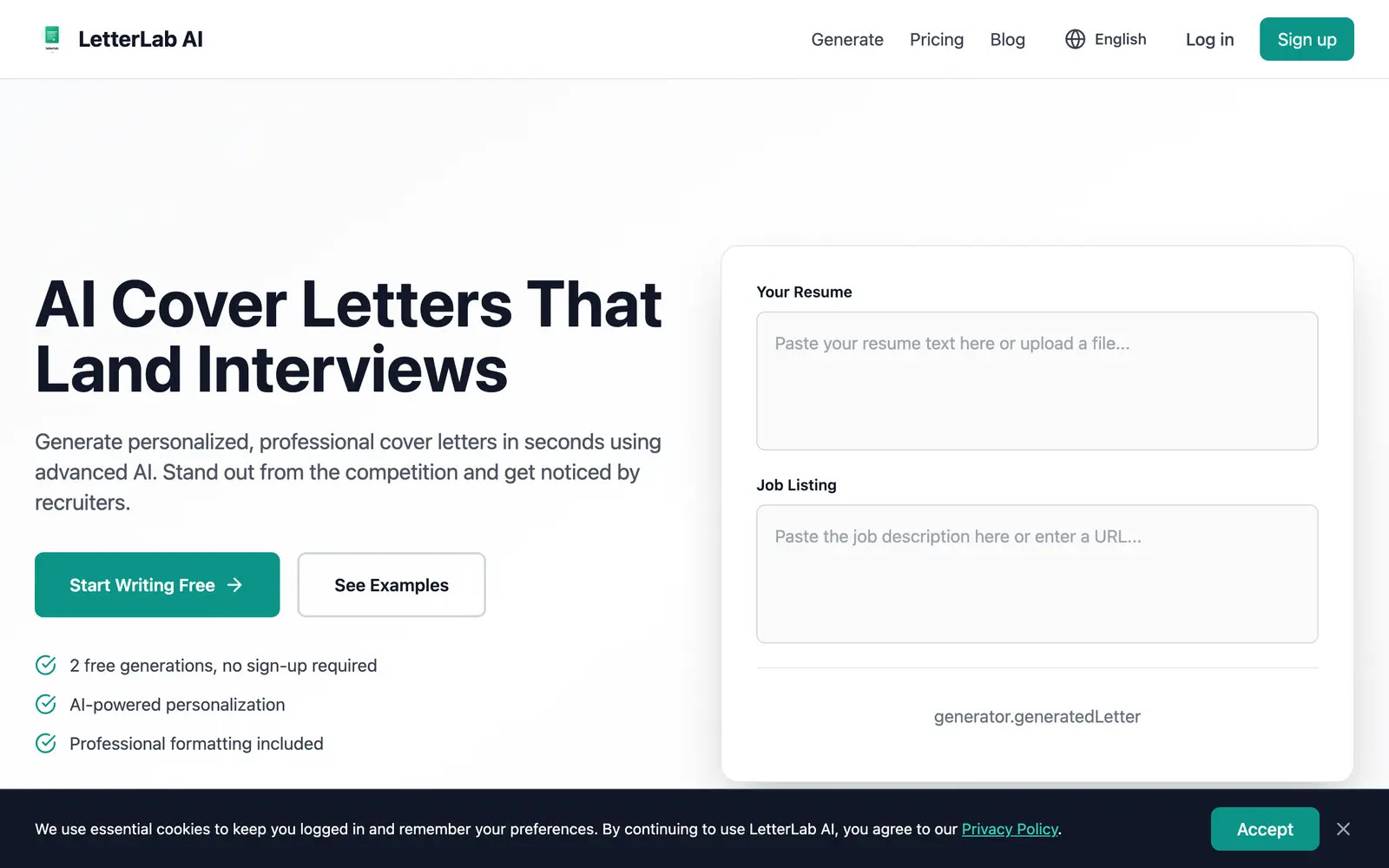 Screenshot of the LetterLab AI website