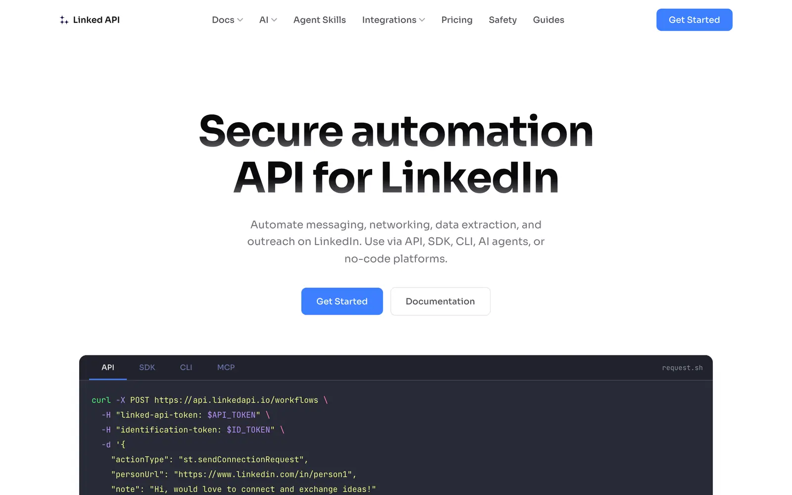 Screenshot of the Linked API website