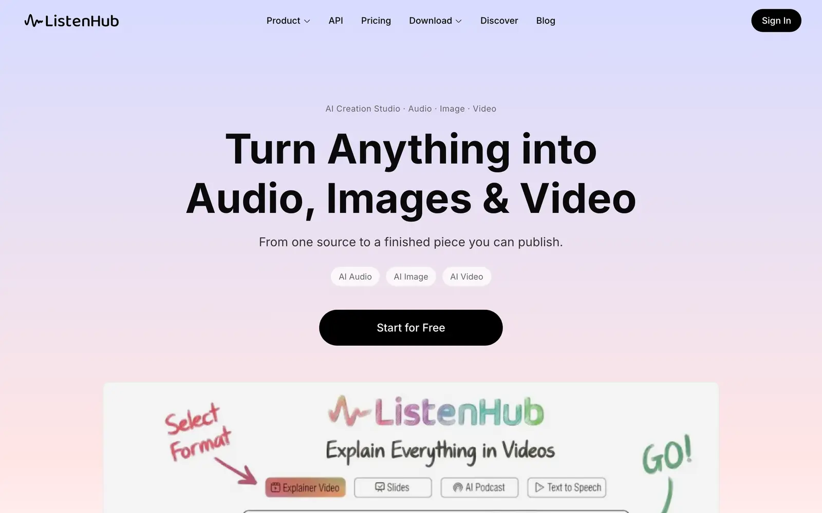 Screenshot of the ListenHub website