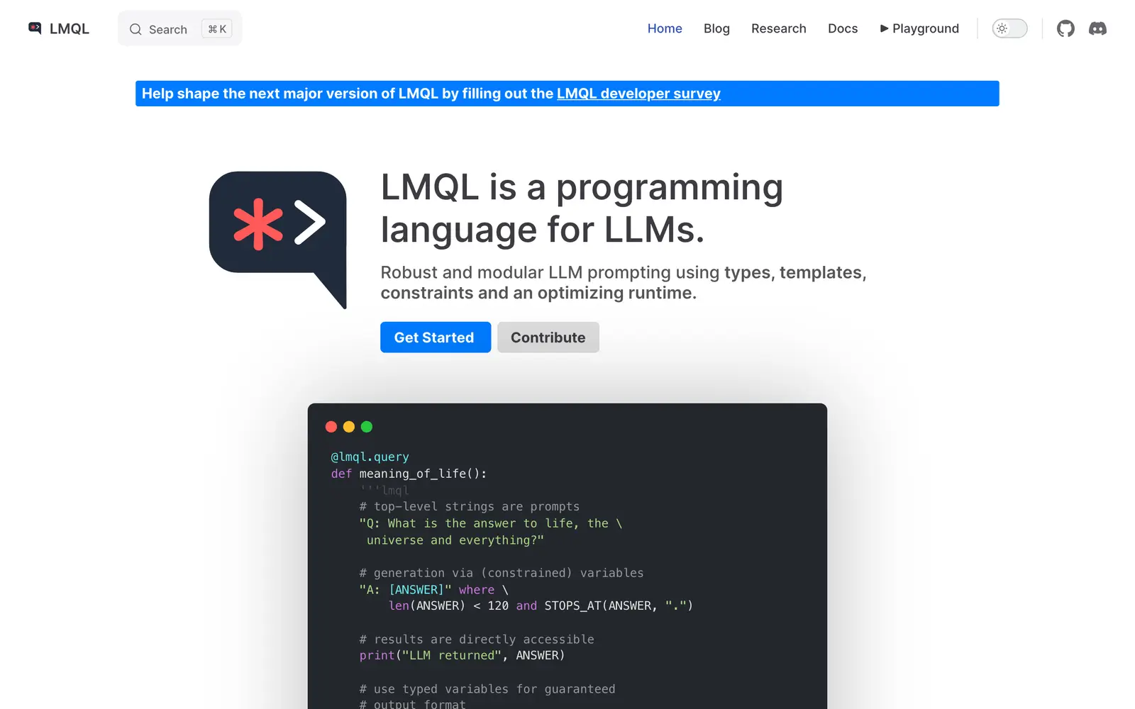 Screenshot of the LMQL website