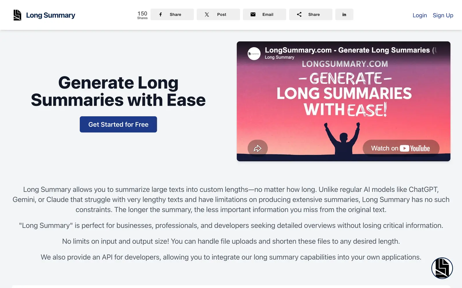Screenshot of the Long Summary website