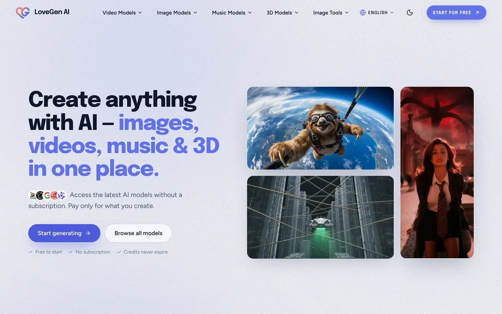 Screenshot of the LoveGen AI website