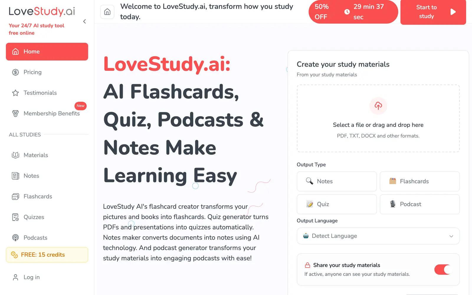 Screenshot of the LoveStudy.ai website